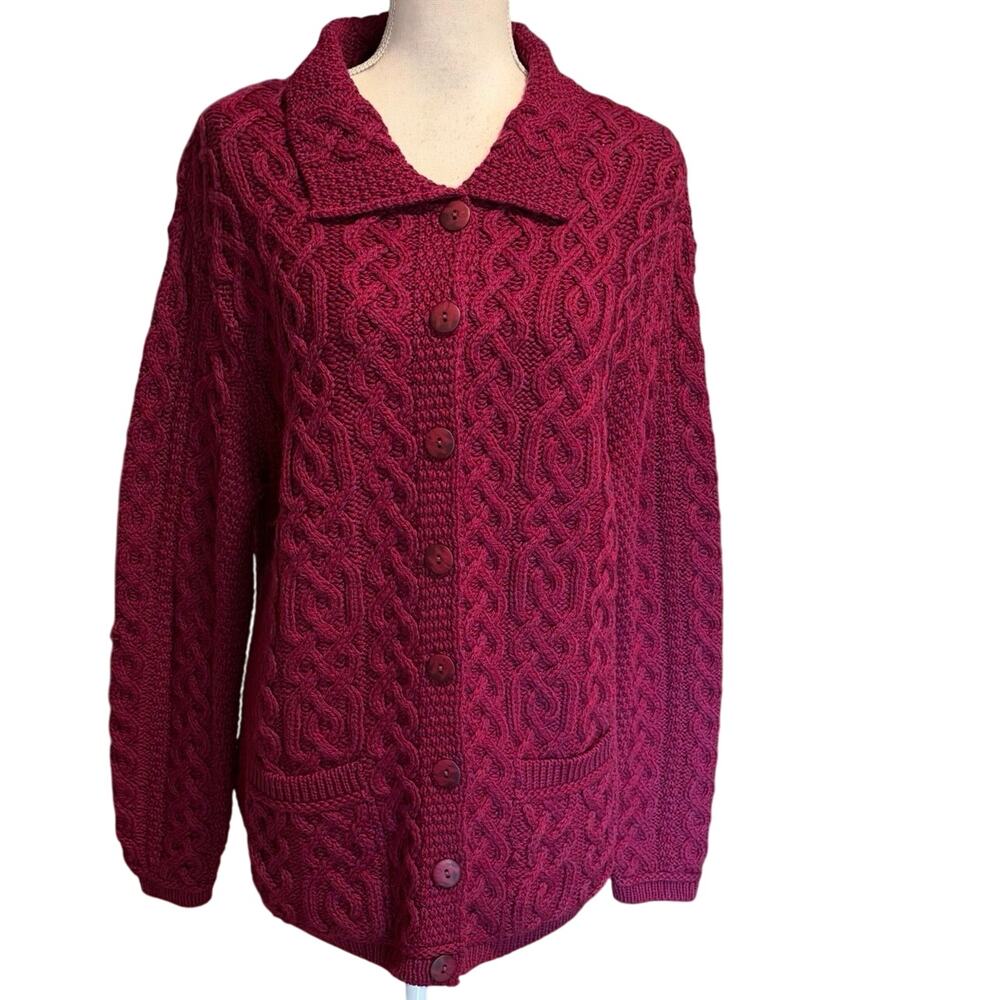 Aran Crafts Size L 100% Merino Wool Fisherman Cardigan Sweater Wine Ireland